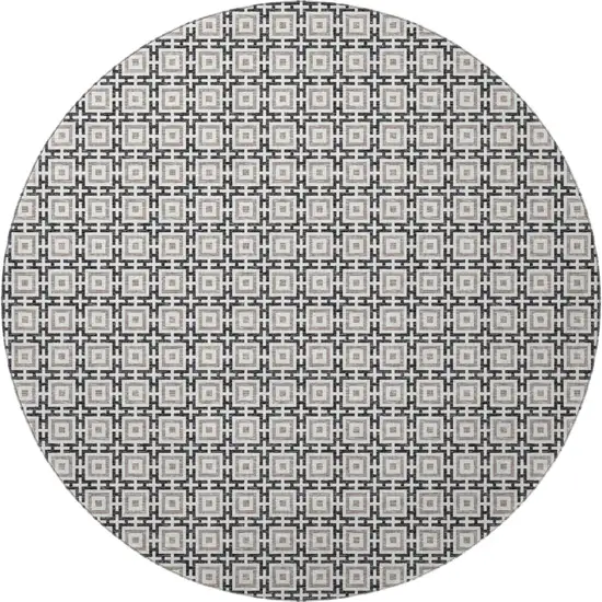 8' Black And Ivory Geometric Washable Round Rug With UV Protection Photo 5