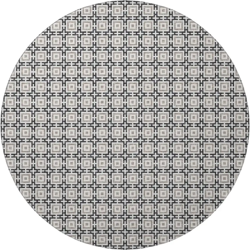 8' Black And Ivory Geometric Washable Round Rug With UV Protection Photo 5