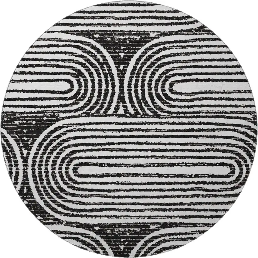 8' Black And Ivory Geometric Washable Round Rug With UV Protection Photo 4