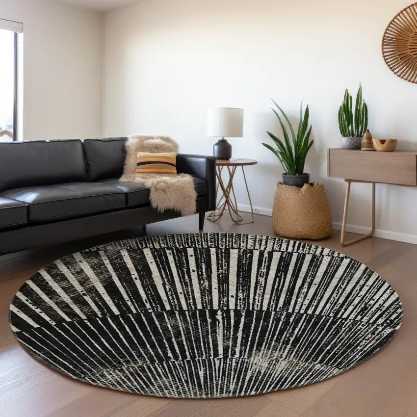 8' Black And Ivory Geometric Washable Round Rug With UV Protection Photo 5