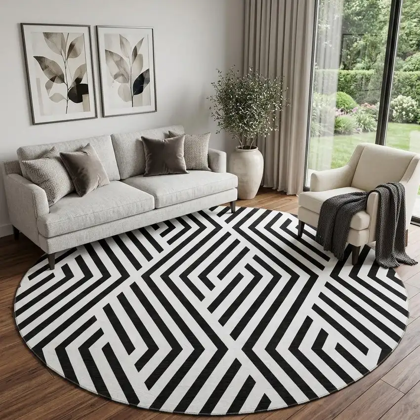 8' Black And Ivory Geometric Washable Round Rug With UV Protection Photo 1