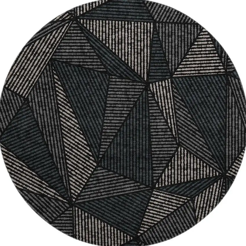 8' Black And Ivory Geometric Washable Round Rug With UV Protection Photo 4