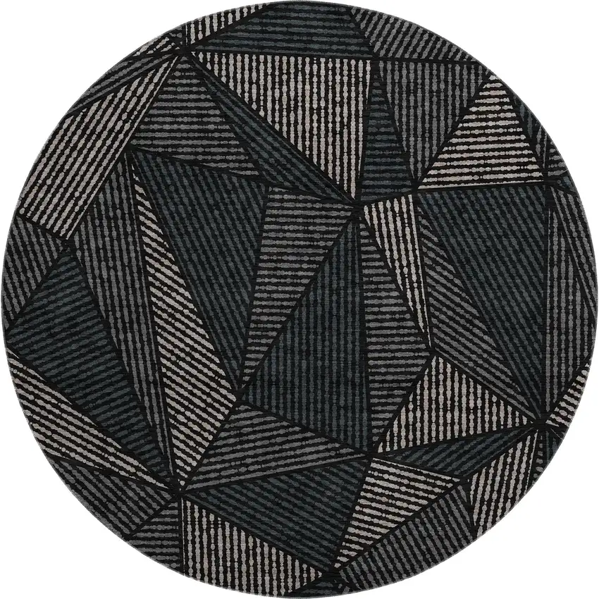 8' Black And Ivory Geometric Washable Round Rug With UV Protection Photo 1