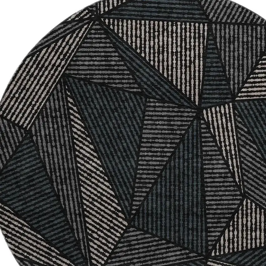 8' Black And Ivory Geometric Washable Round Rug With UV Protection Photo 3