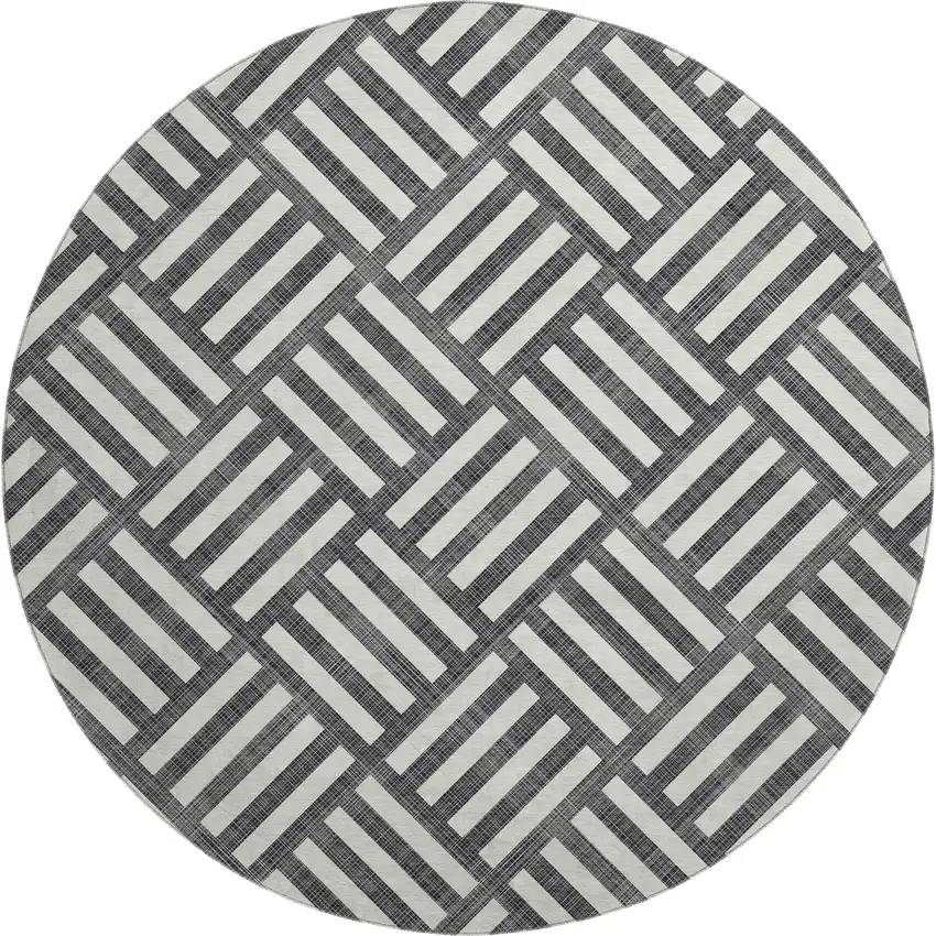 8' Black And Ivory Geometric Washable Round Rug With UV Protection Photo 1