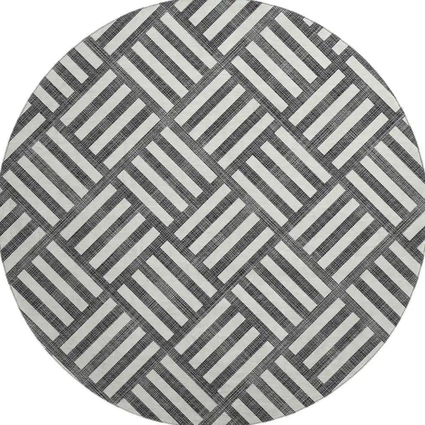 8' Black And Ivory Geometric Washable Round Rug With UV Protection Photo 3
