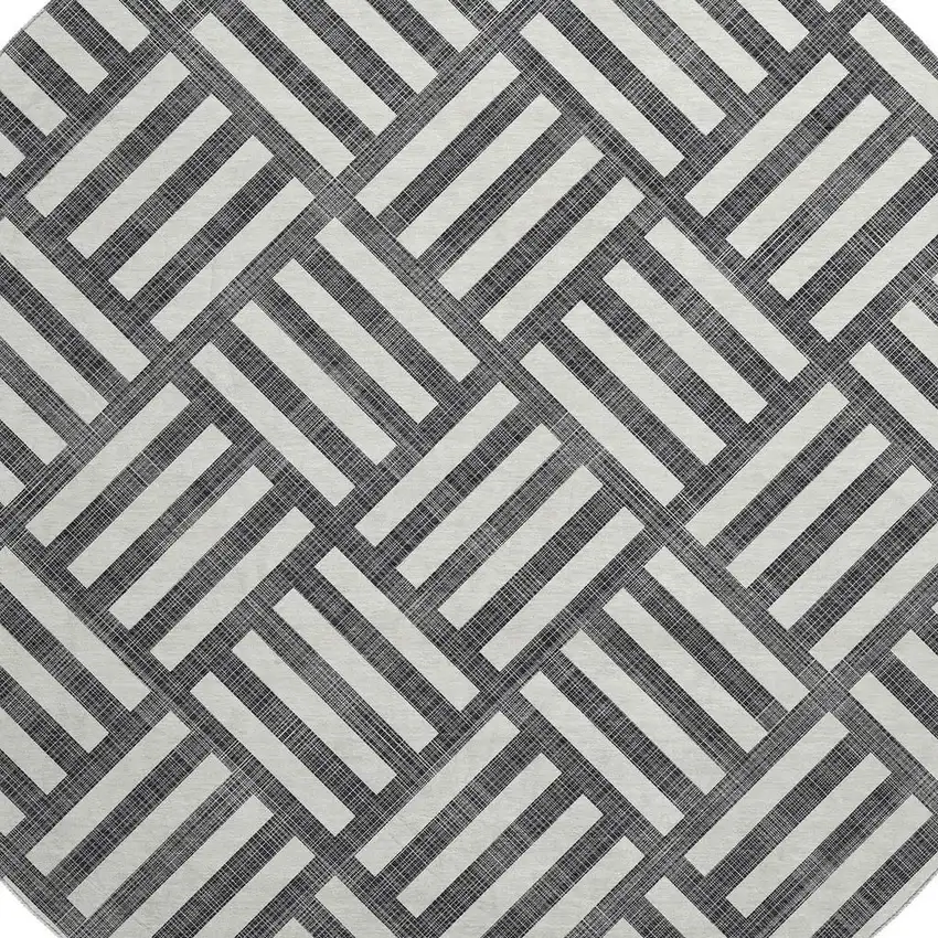 8' Black And Ivory Geometric Washable Round Rug With UV Protection Photo 2