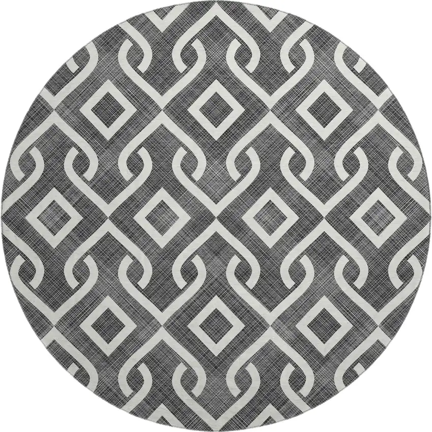 8' Black And Ivory Geometric Washable Round Rug With UV Protection Photo 1