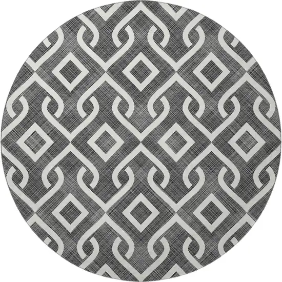 8' Black And Ivory Geometric Washable Round Rug With UV Protection Photo 3