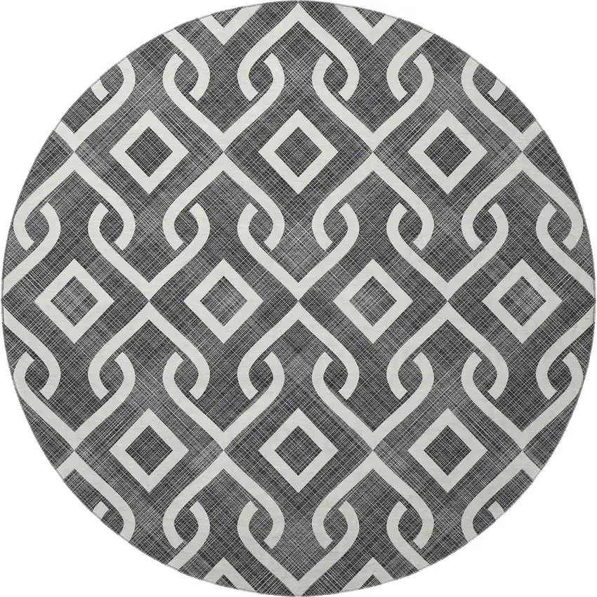 8' Black And Ivory Geometric Washable Round Rug With UV Protection Photo 3