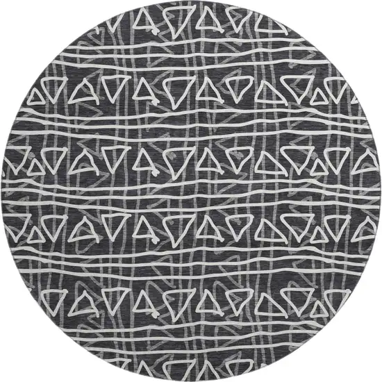 8' Black And Ivory Geometric Washable Round Rug With UV Protection Photo 1