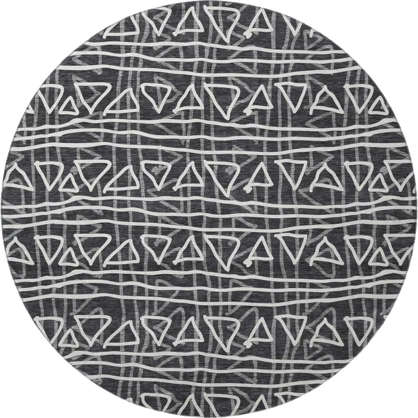 8' Black And Ivory Geometric Washable Round Rug With UV Protection Photo 4