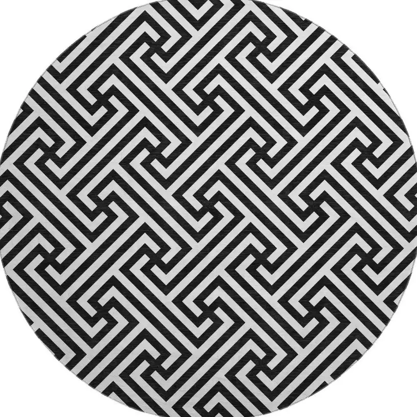 8' Black And Ivory Geometric Washable Round Rug With UV Protection Photo 4