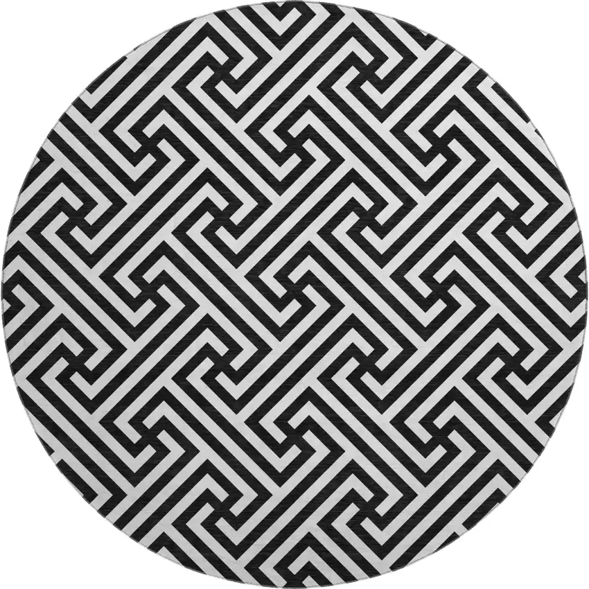 8' Black And Ivory Geometric Washable Round Rug With UV Protection Photo 1
