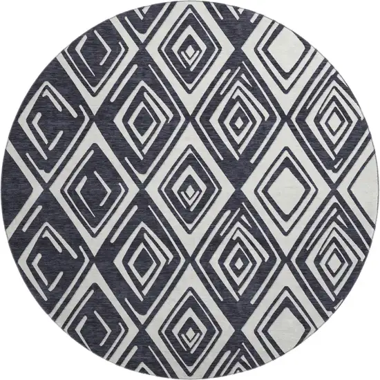 8' Black And Ivory Geometric Washable Round Rug With UV Protection Photo 1