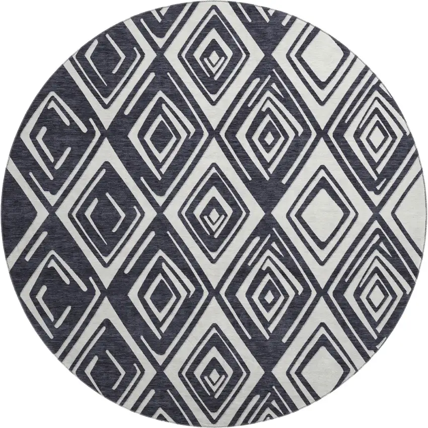 8' Black And Ivory Geometric Washable Round Rug With UV Protection Photo 1