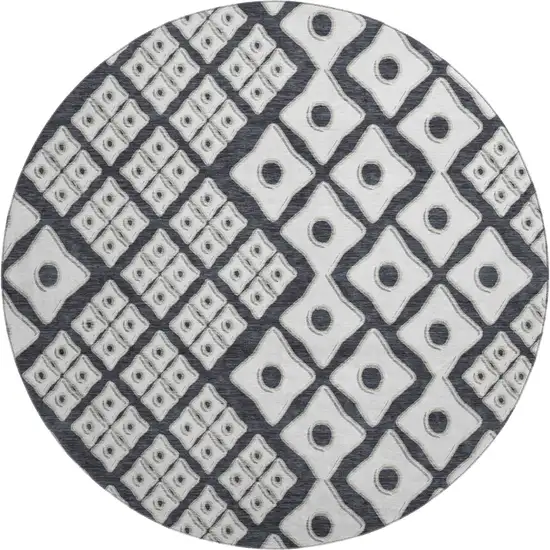 8' Black And Ivory Geometric Washable Round Rug With UV Protection Photo 2
