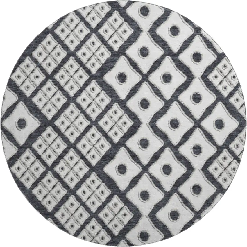 8' Black And Ivory Geometric Washable Round Rug With UV Protection Photo 2