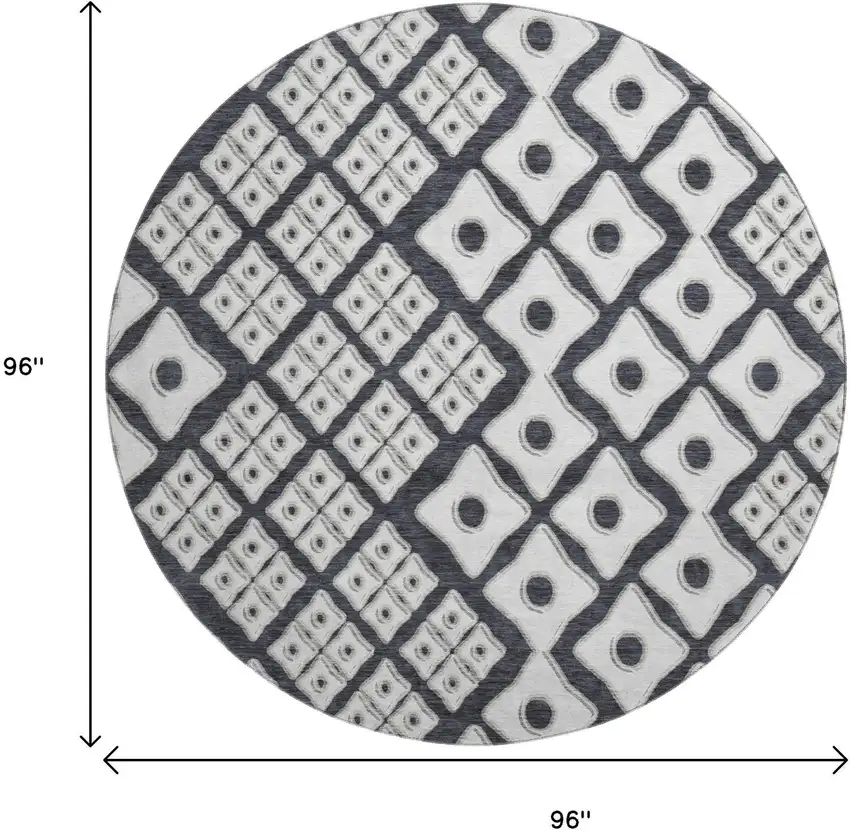8' Black And Ivory Geometric Washable Round Rug With UV Protection Photo 3