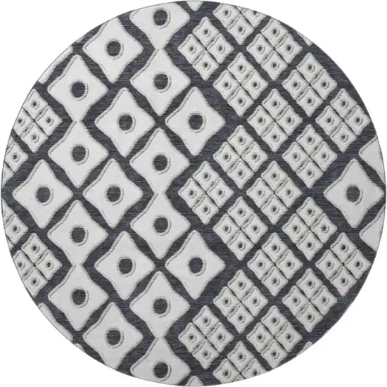 8' Black And Ivory Geometric Washable Round Rug With UV Protection Photo 5