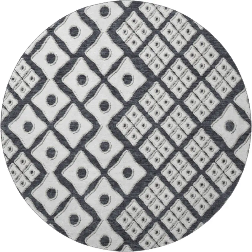 8' Black And Ivory Geometric Washable Round Rug With UV Protection Photo 5