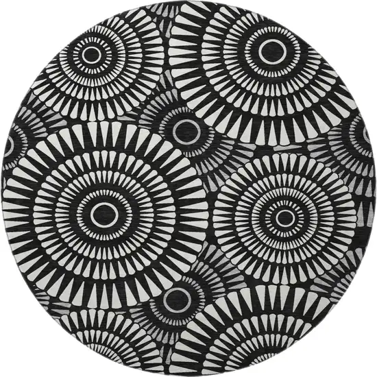 8' Black And Ivory Geometric Washable Round Rug With UV Protection Photo 3
