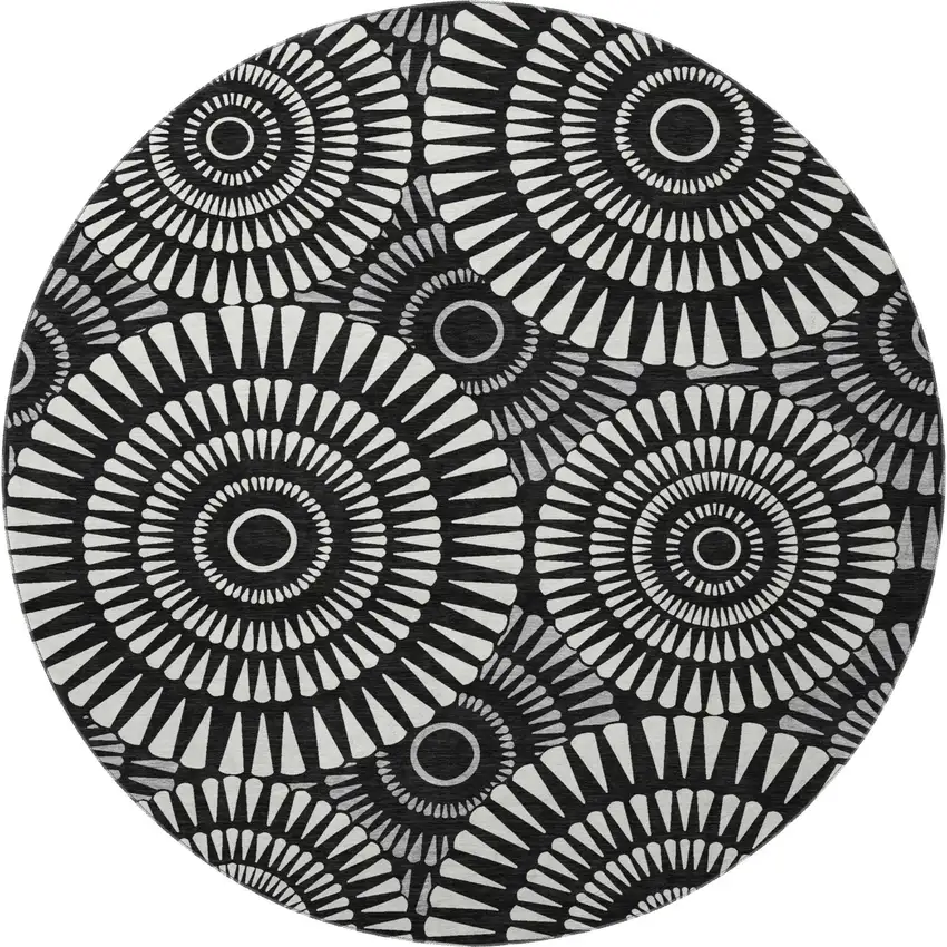 8' Black And Ivory Geometric Washable Round Rug With UV Protection Photo 3