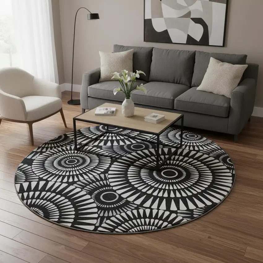 8' Black And Ivory Geometric Washable Round Rug With UV Protection Photo 2
