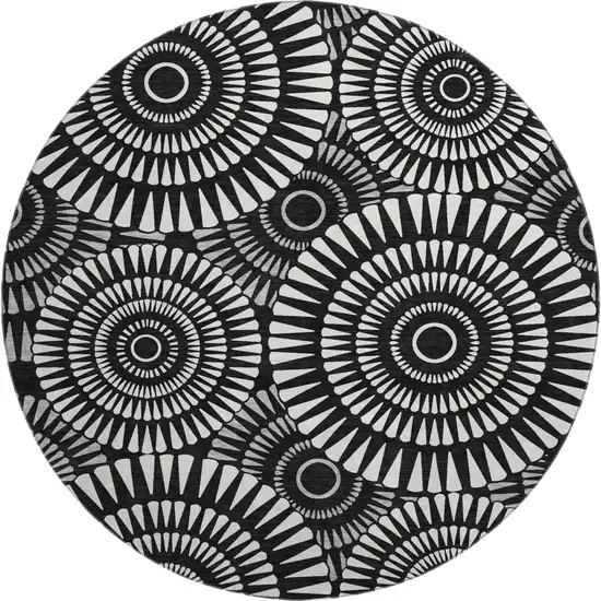 8' Black And Ivory Geometric Washable Round Rug With UV Protection Photo 1