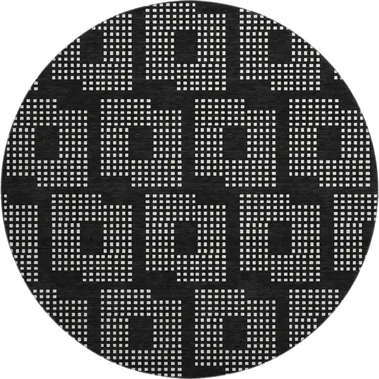 8' Black And Ivory Geometric Washable Round Rug With UV Protection Photo 1