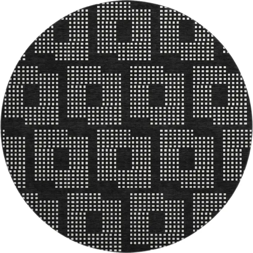 8' Black And Ivory Geometric Washable Round Rug With UV Protection Photo 1