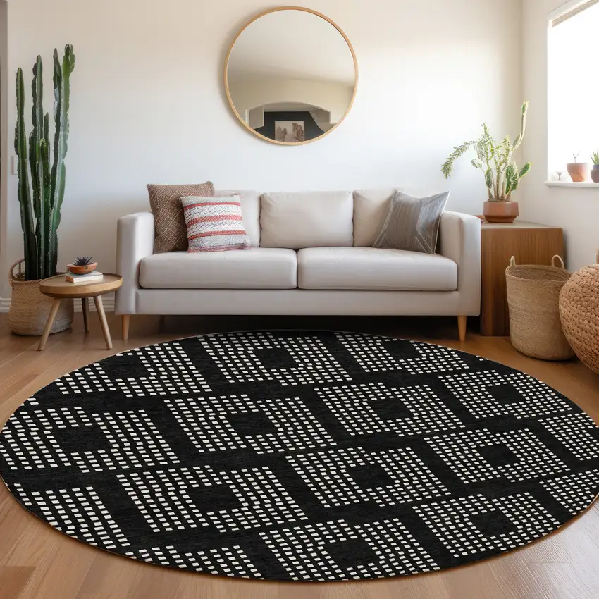 8' Black And Ivory Geometric Washable Round Rug With UV Protection Photo 5