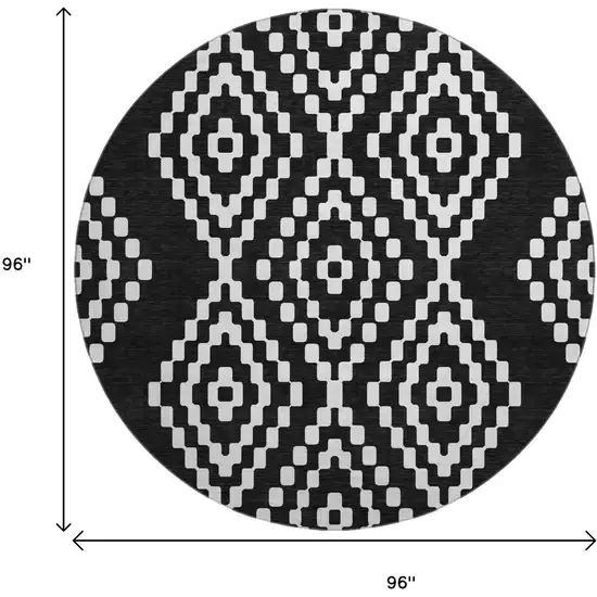 8' Black And Ivory Geometric Washable Round Rug With UV Protection Photo 8