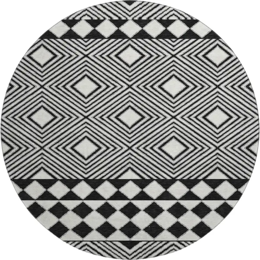 8' Black And Ivory Geometric Washable Round Rug With UV Protection Photo 1