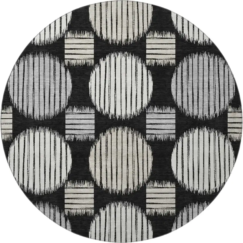 8' Black And Ivory Geometric Washable Round Rug With UV Protection Photo 3