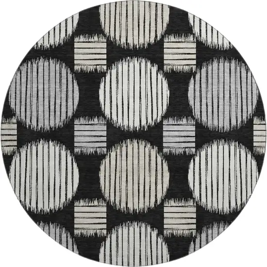 8' Black And Ivory Geometric Washable Round Rug With UV Protection Photo 1