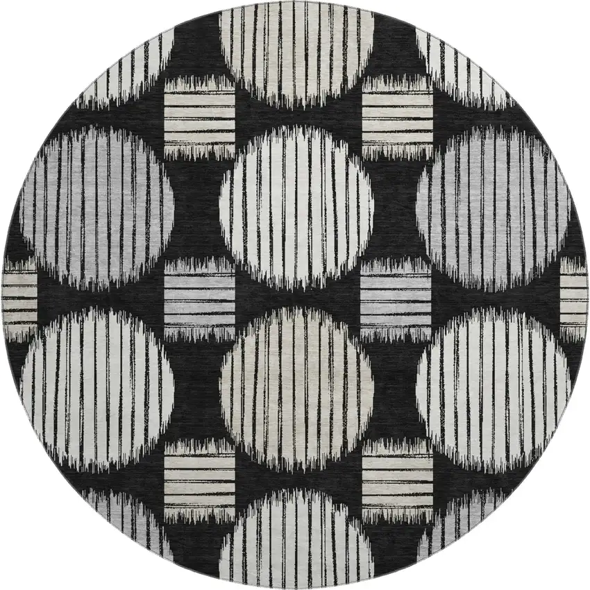 8' Black And Ivory Geometric Washable Round Rug With UV Protection Photo 1