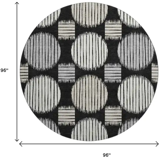 8' Black And Ivory Geometric Washable Round Rug With UV Protection Photo 9