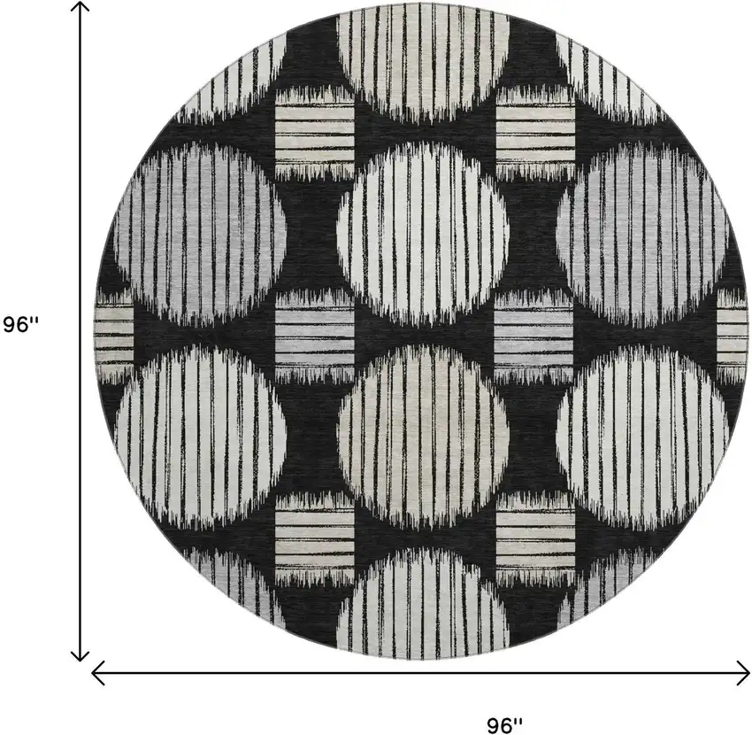 8' Black And Ivory Geometric Washable Round Rug With UV Protection Photo 9