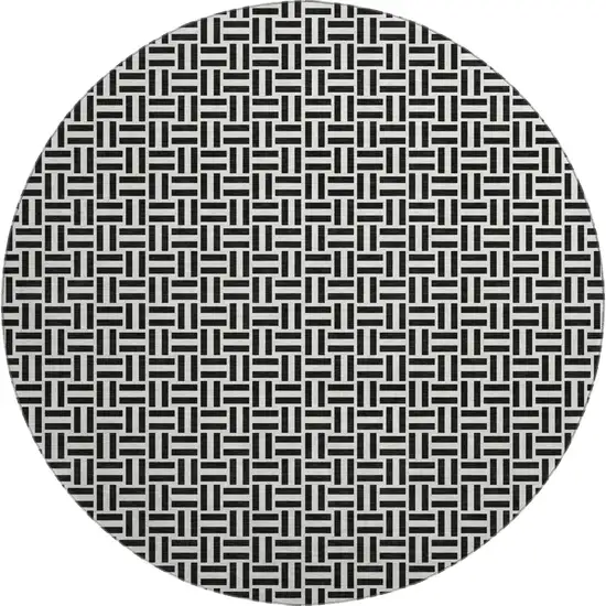 8' Black And Ivory Geometric Washable Round Rug With UV Protection Photo 1