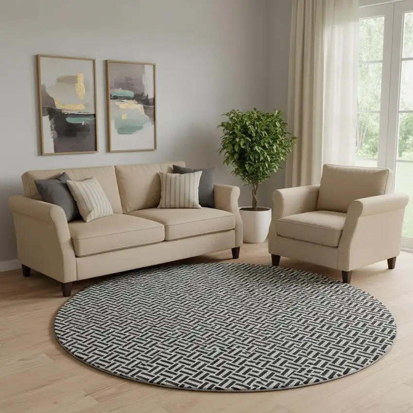 8' Black And Ivory Geometric Washable Round Rug With UV Protection Photo 1