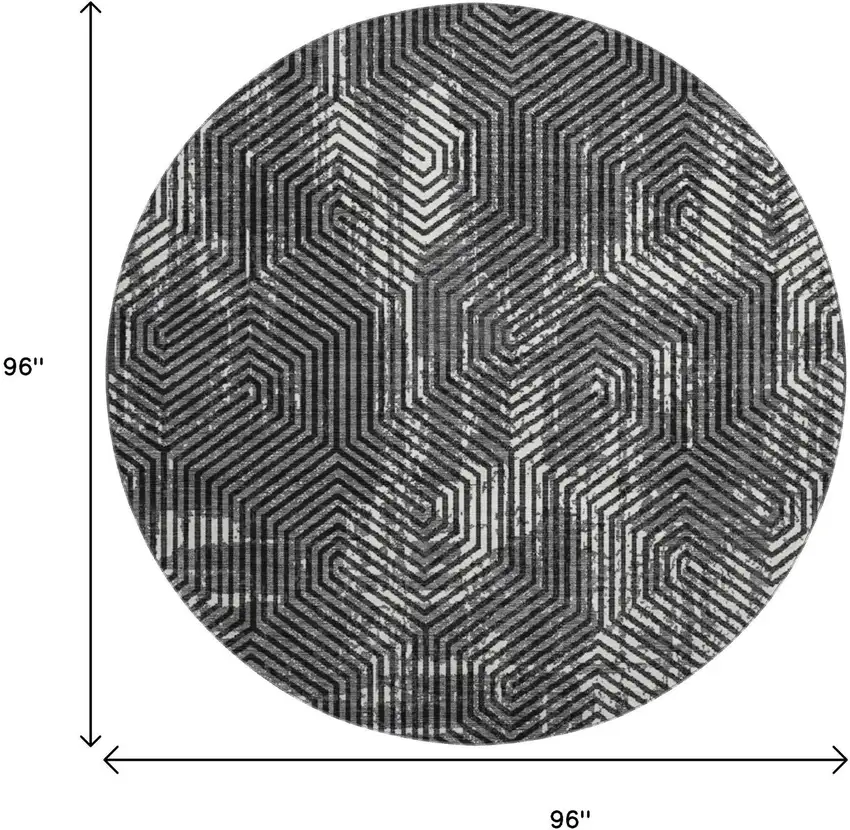 8' Black And Ivory Geometric Washable Round Rug With UV Protection Photo 3