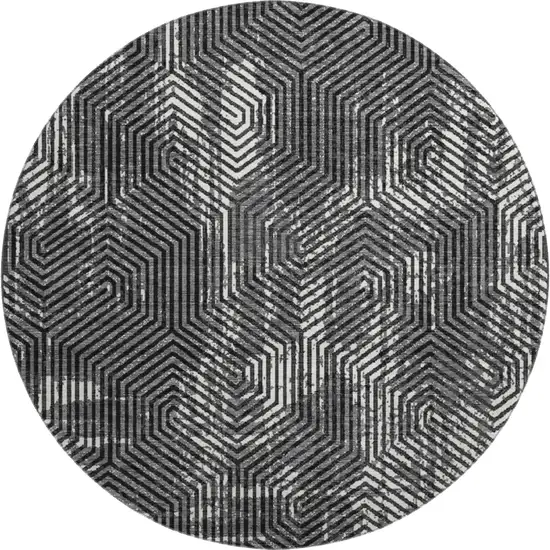 8' Black And Ivory Geometric Washable Round Rug With UV Protection Photo 1
