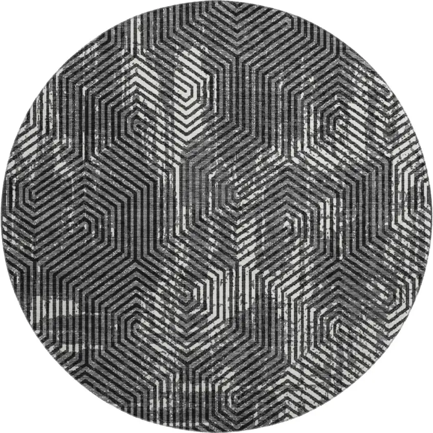 8' Black And Ivory Geometric Washable Round Rug With UV Protection Photo 1