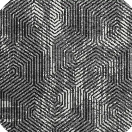 8' Black And Ivory Geometric Washable Round Rug With UV Protection Photo 3