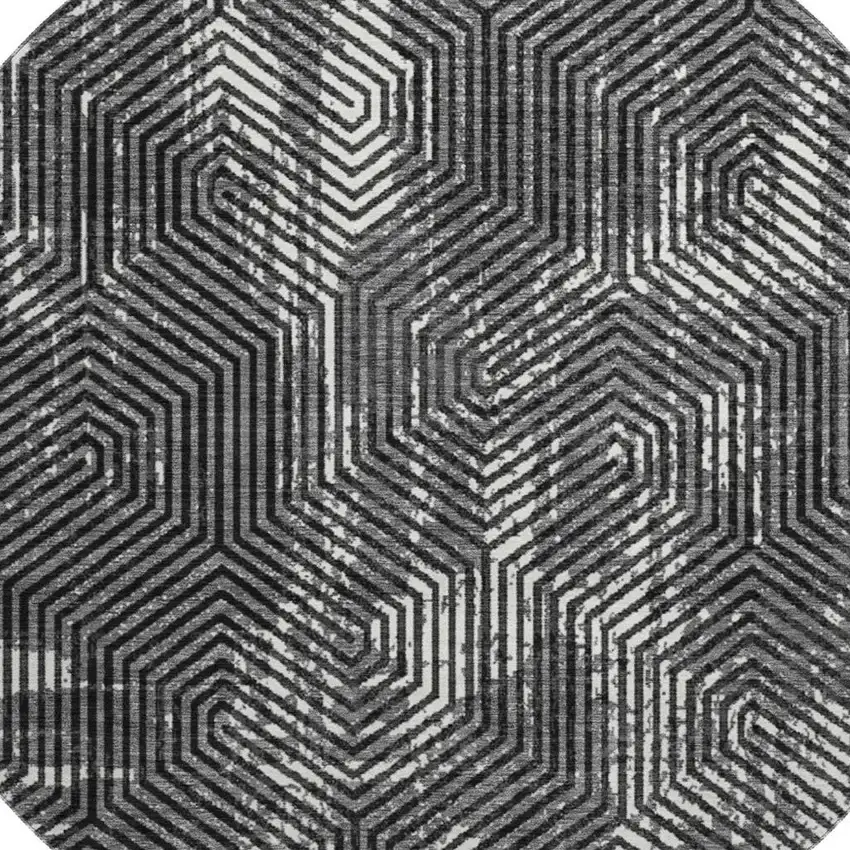 8' Black And Ivory Geometric Washable Round Rug With UV Protection Photo 3