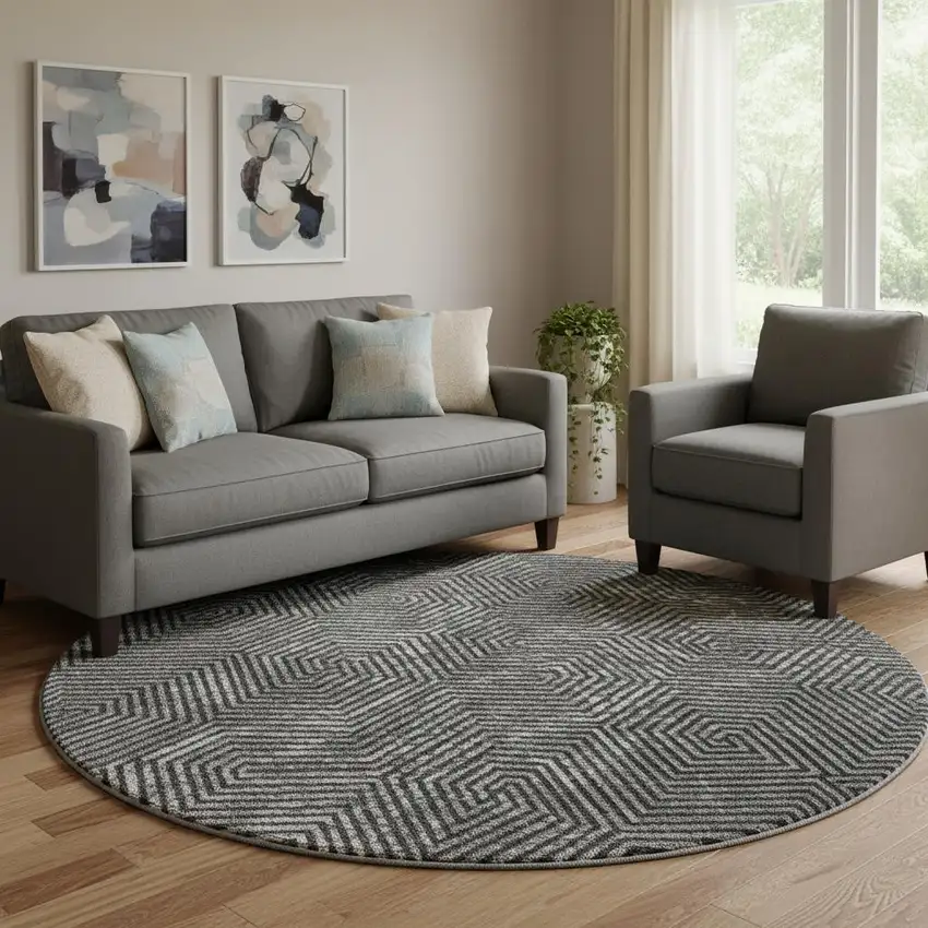 8' Black And Ivory Geometric Washable Round Rug With UV Protection Photo 1