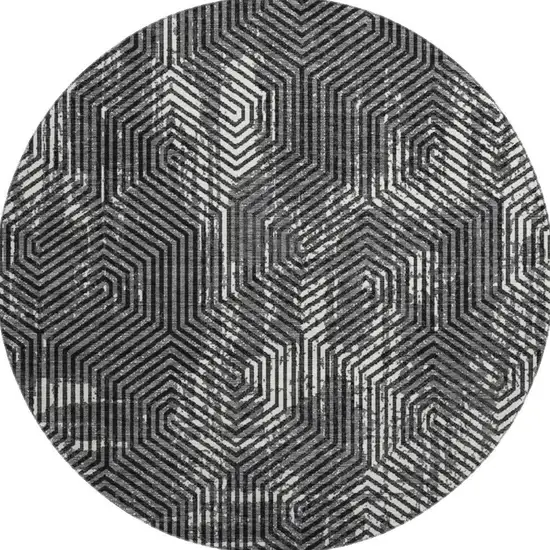 8' Black And Ivory Geometric Washable Round Rug With UV Protection Photo 4