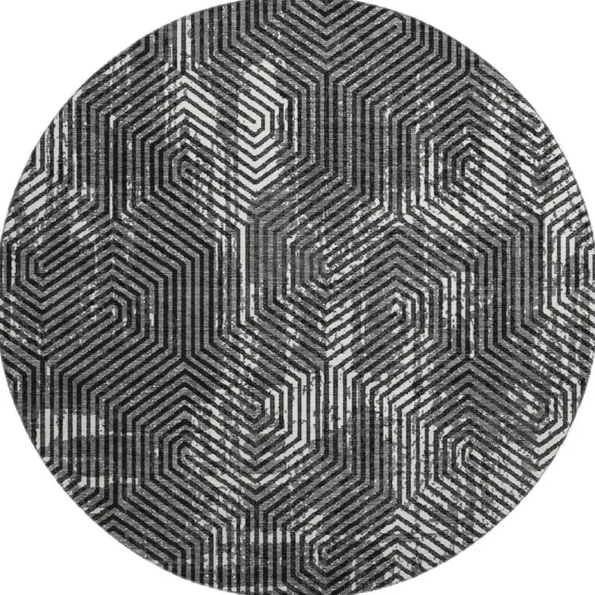 8' Black And Ivory Geometric Washable Round Rug With UV Protection Photo 4