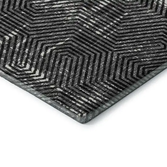 8' Black And Ivory Geometric Washable Round Rug With UV Protection Photo 7